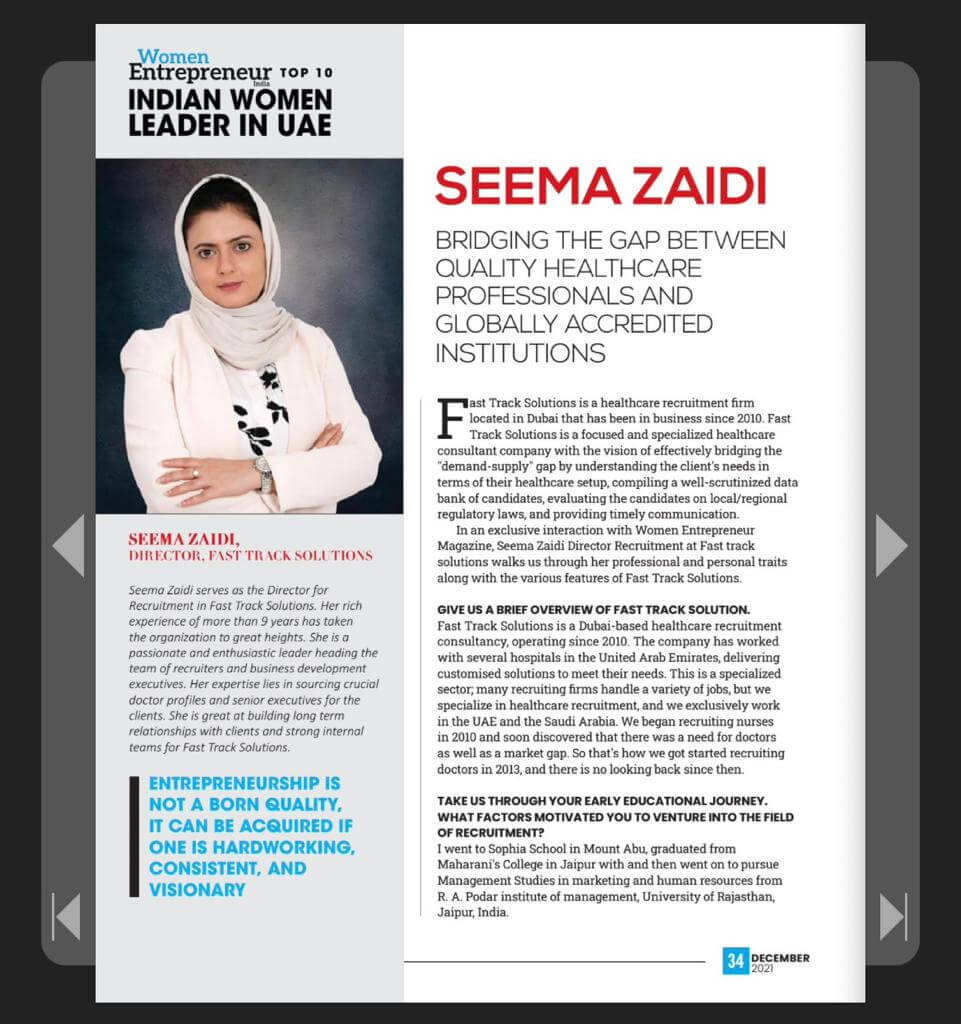 Seema Zaidi Interview in Women Entrepreneur India Magazine